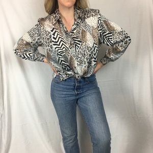 Animal print silky button up shirt